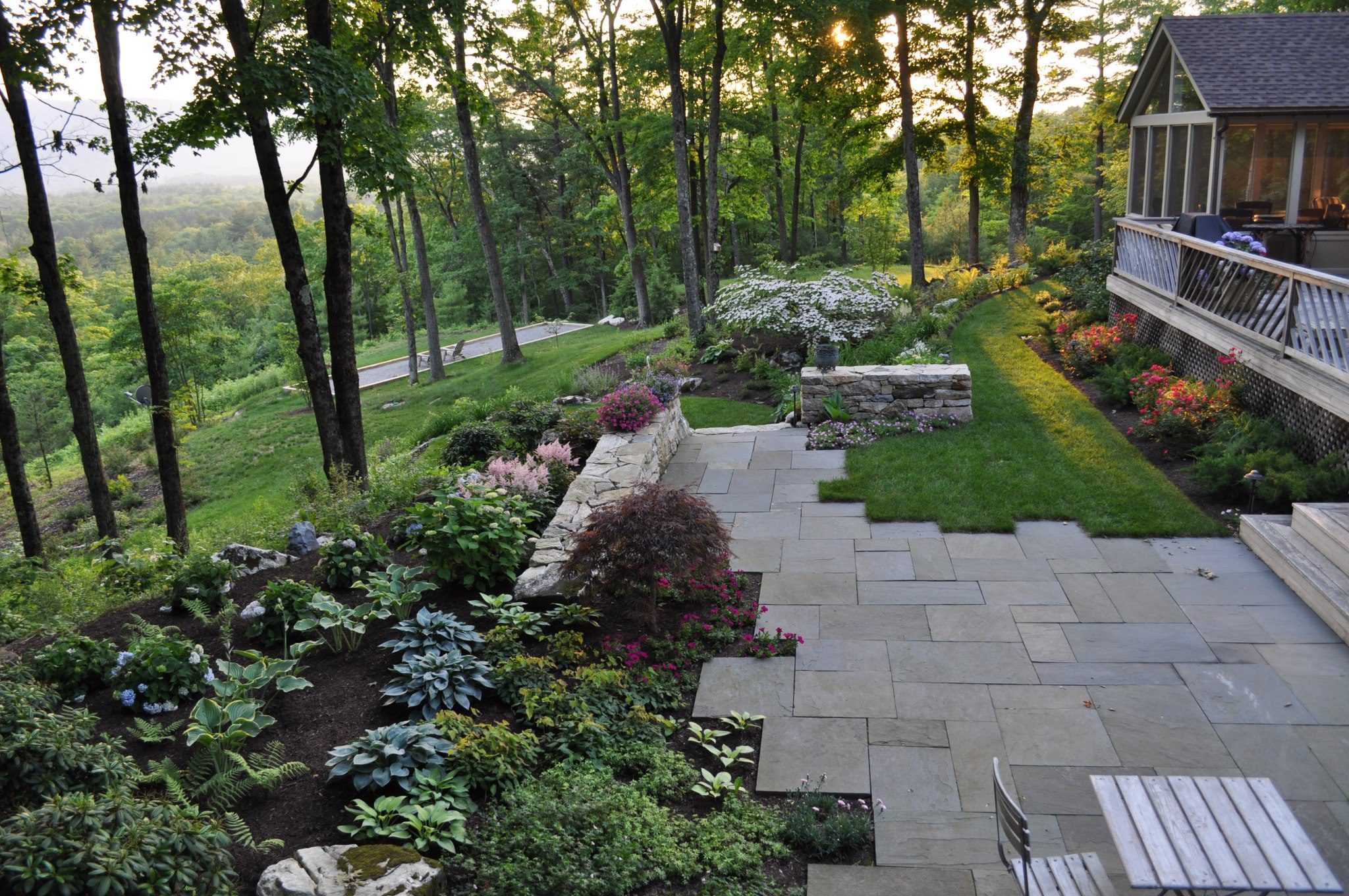 Home Bluestone terrace and layered plantings at golden hour